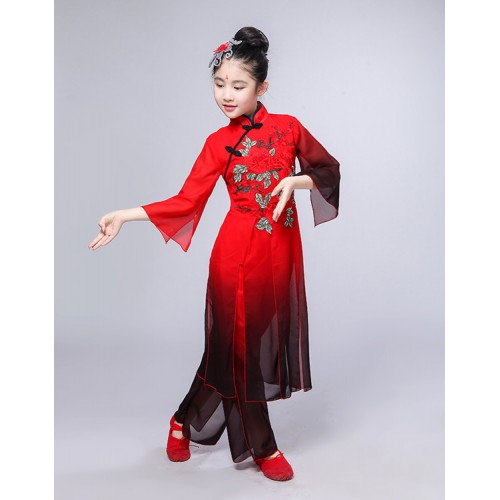 Girls kids Chinese folk dance costumes red colored ancient traditional yangko umrella fan dresses fairy stage performance tops and pants